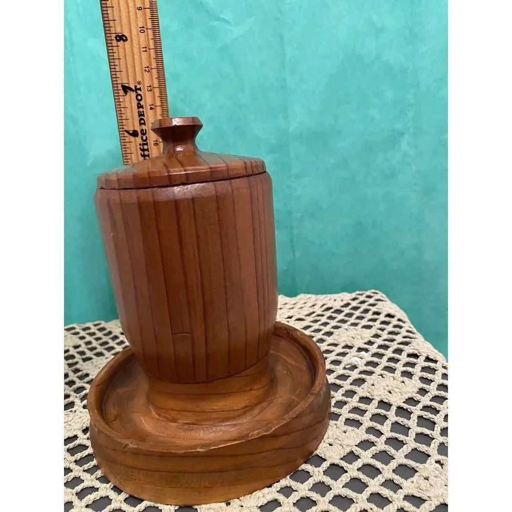 Antique Turned Maple Wood Lidded Cylindric Canister Lid Having Button Cap Finial
